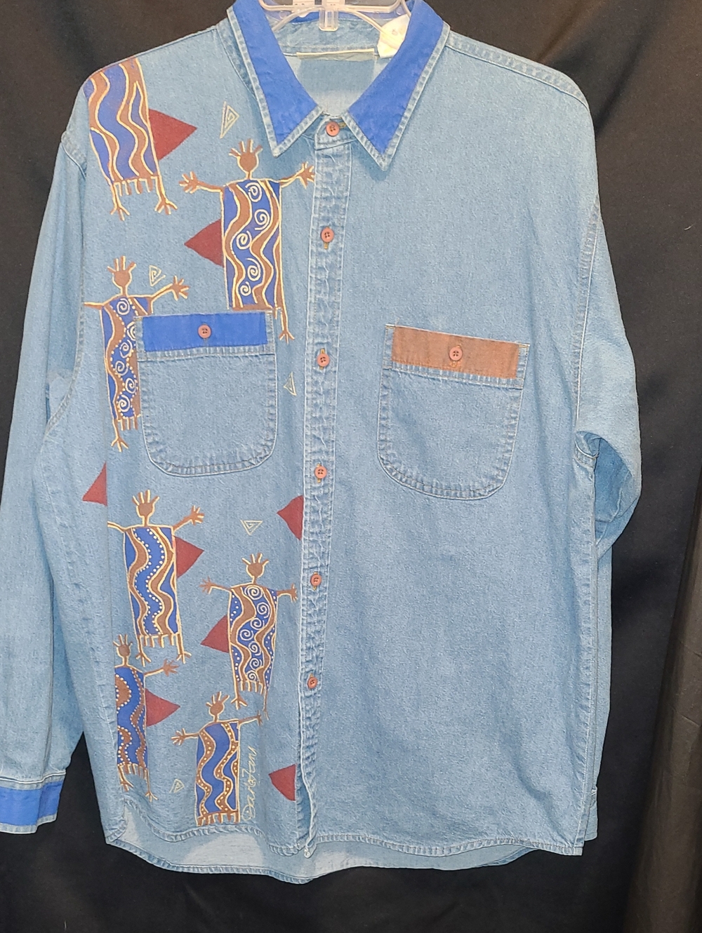 Vtg denim button-down shirt colorful southwestern Kokopelli and geometric App